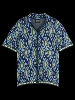 New Scotch & Soda Jacquard knitted short-sleeved shirt BlueBookcoverAOP