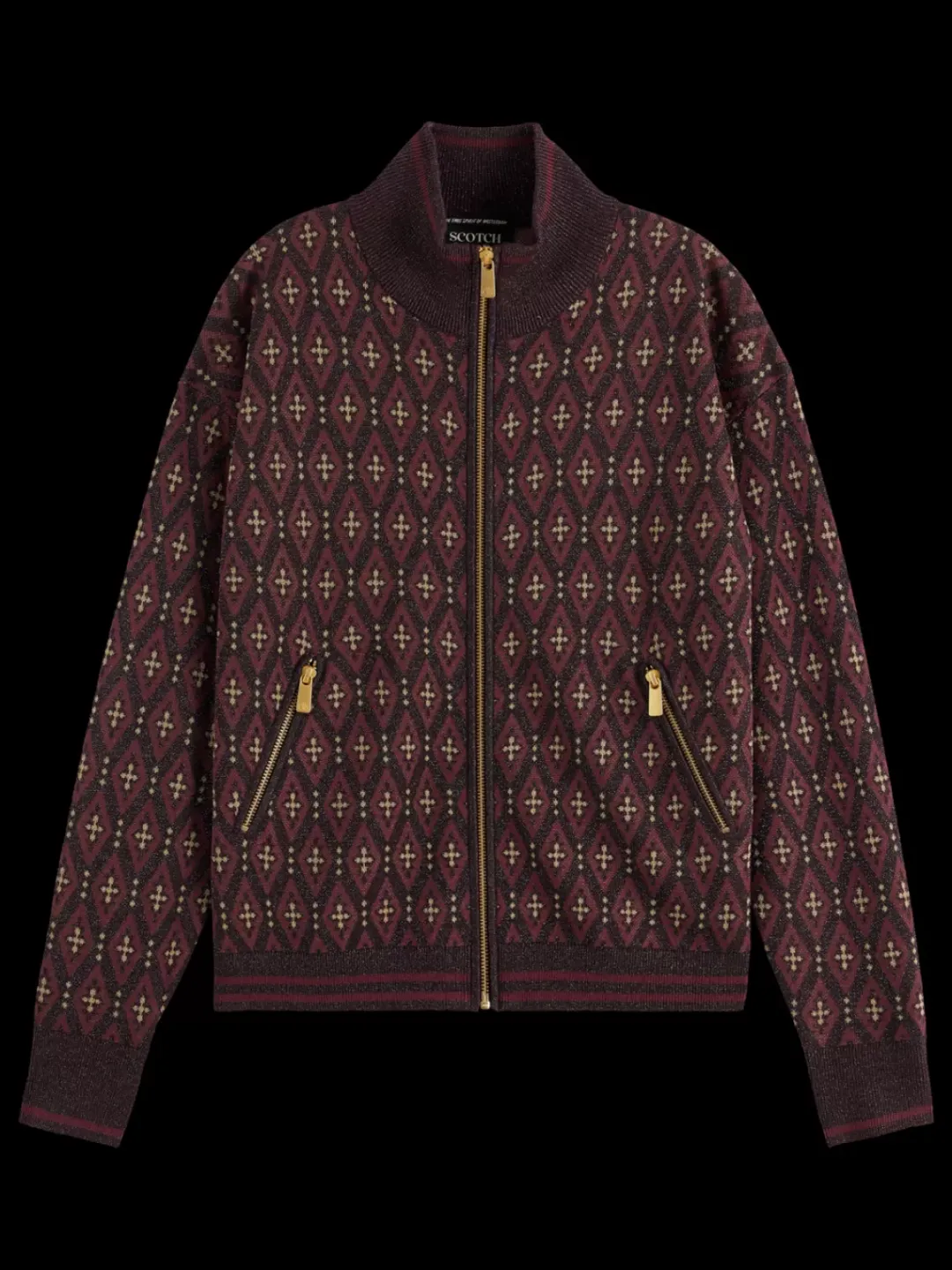Discount Scotch & Soda JACQUARD KNITTED ZIP-THROUGH JACKET DarkBordeaux
