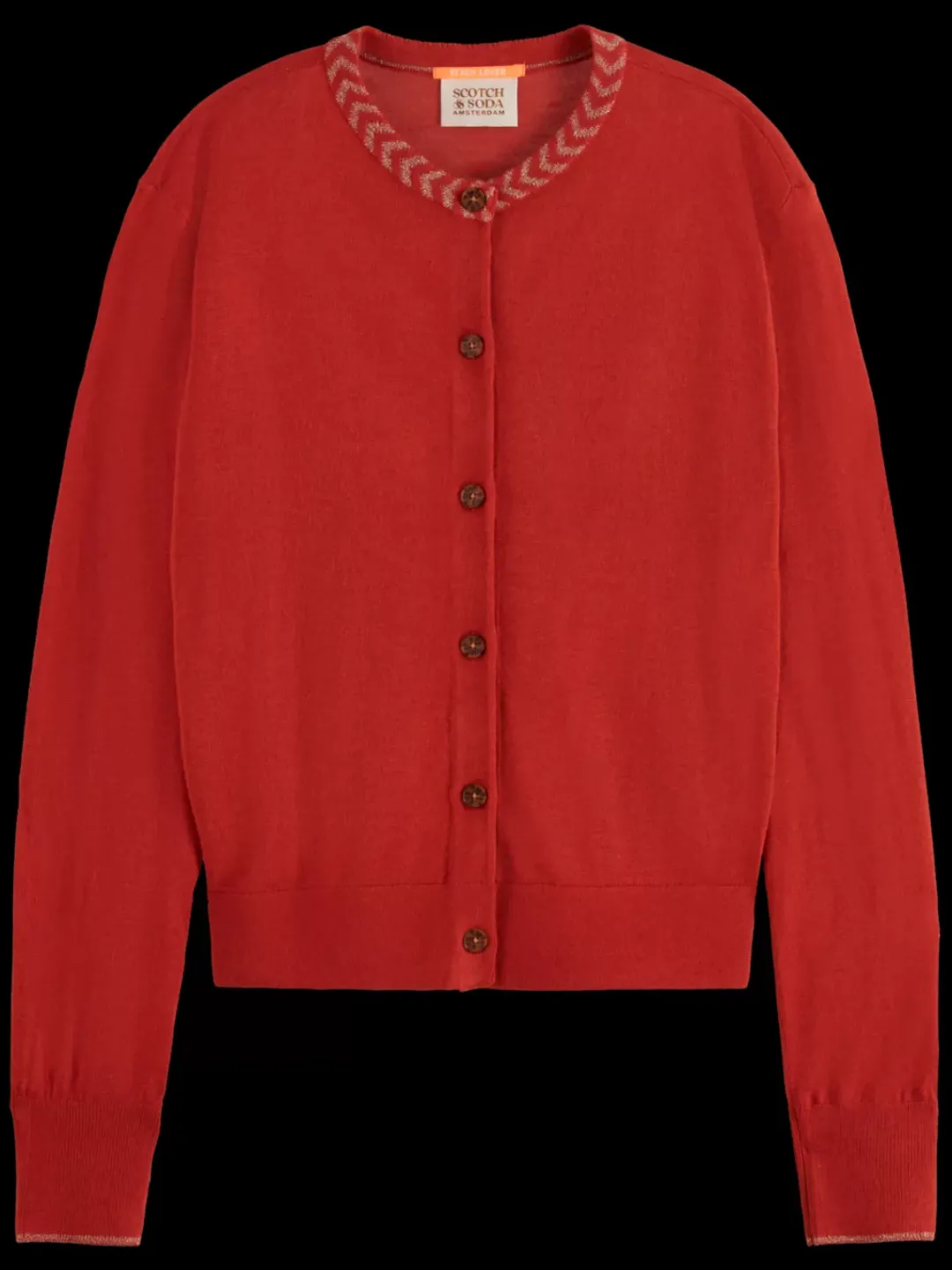 Sale Scotch & Soda JACQUARD TRIM CREW NECK CARDIGAN RusticCoral