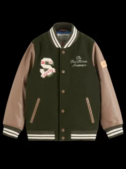Online Scotch & Soda LEATHER VARSITY JACKET HeritageGreen