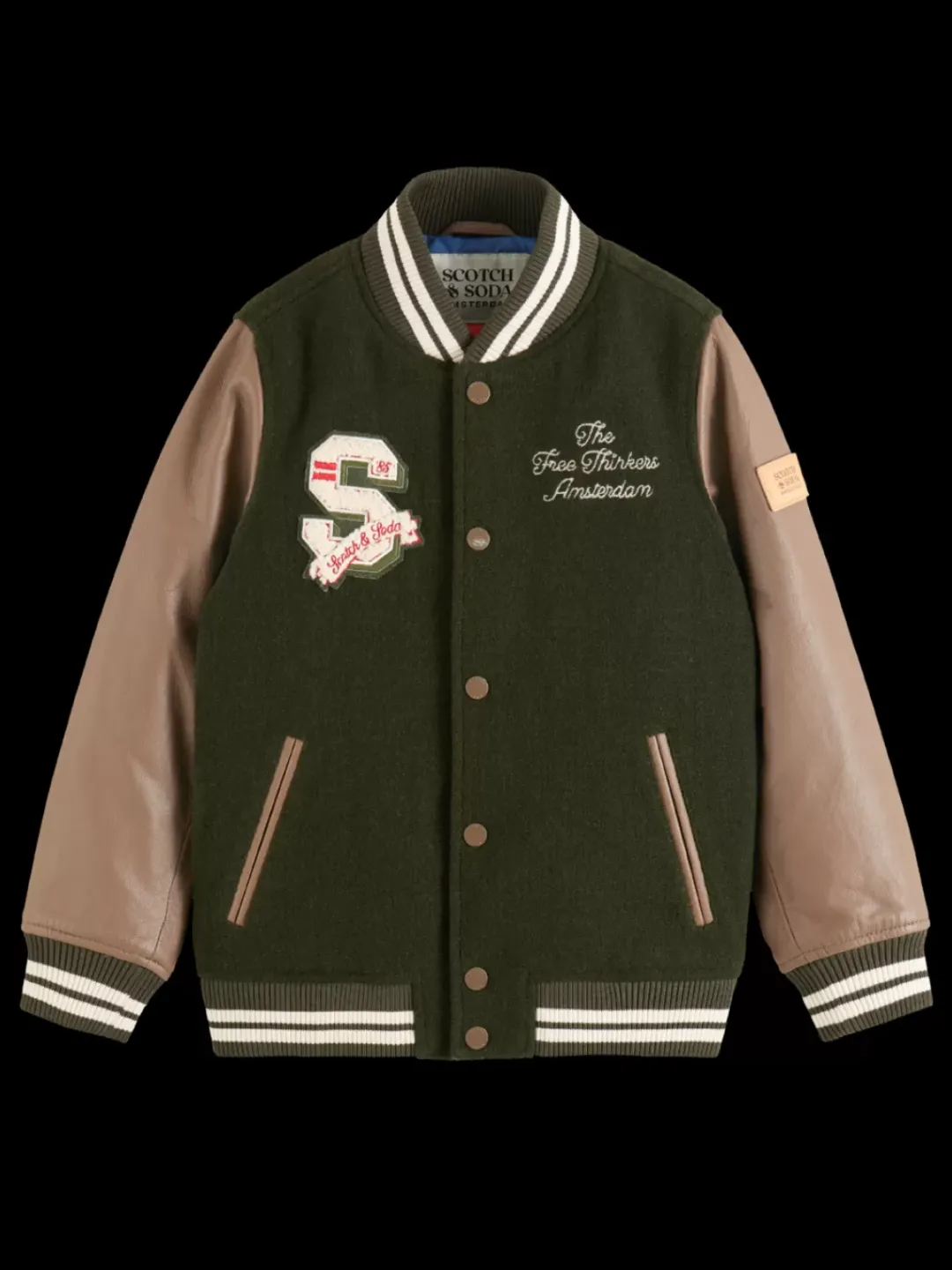 Online Scotch & Soda LEATHER VARSITY JACKET HeritageGreen