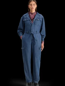 Discount Scotch & Soda LIGHTWEIGHT DENIM JUMPSUIT IN DARK WASH WITH TONAL DETAILING WashedIndigo