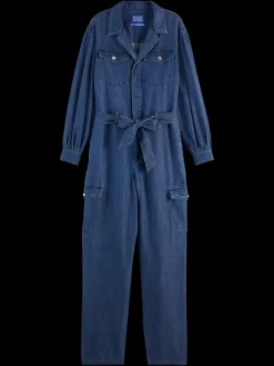 Discount Scotch & Soda LIGHTWEIGHT DENIM JUMPSUIT IN DARK WASH WITH TONAL DETAILING WashedIndigo