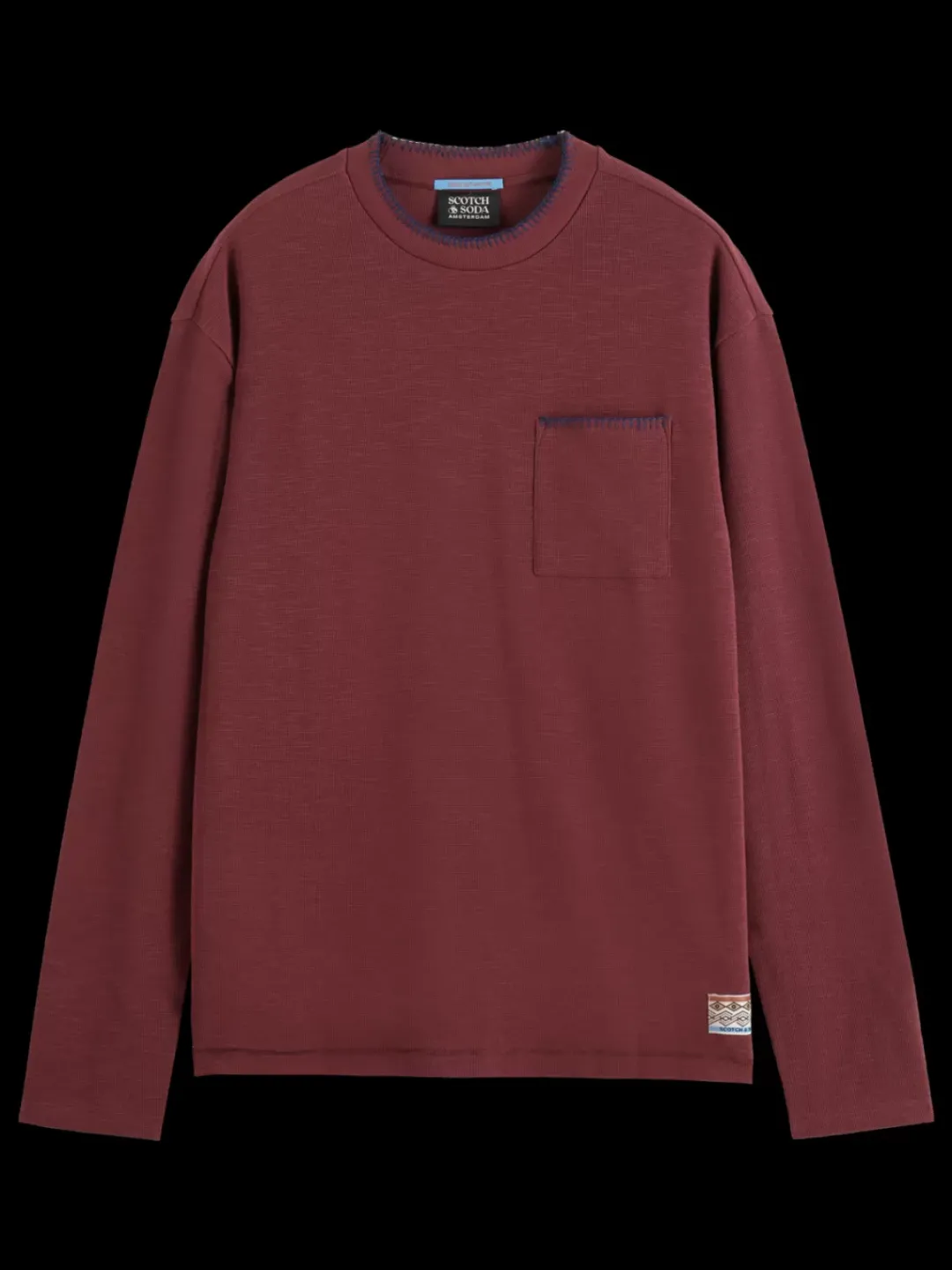 Online Scotch & Soda Relaxed fit blanket stitch slub longsleeve t-shirt Wine