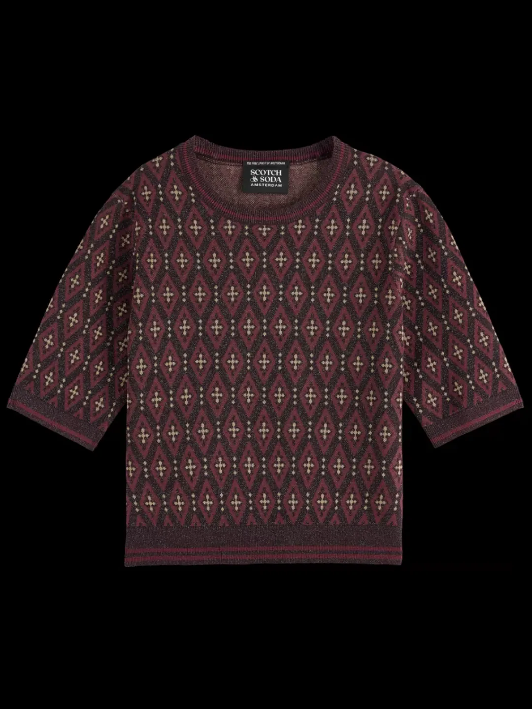 New Scotch & Soda SHORT SLEEVE JACQUARD PULLOVER DarkBordeaux