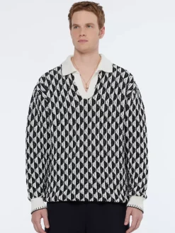 Sale Scotch & Soda Textured jacquard dropped shoulder long sleeve polo ImagineStripeWhite