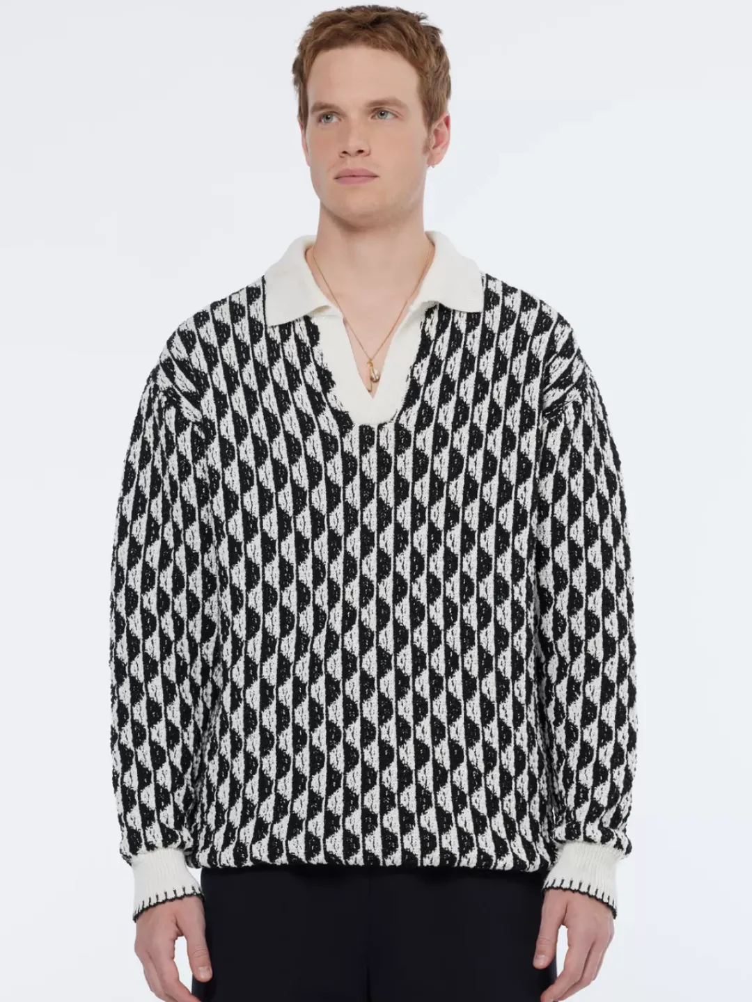 Sale Scotch & Soda Textured jacquard dropped shoulder long sleeve polo ImagineStripeWhite