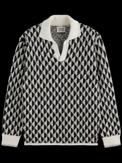 Sale Scotch & Soda Textured jacquard dropped shoulder long sleeve polo ImagineStripeWhite