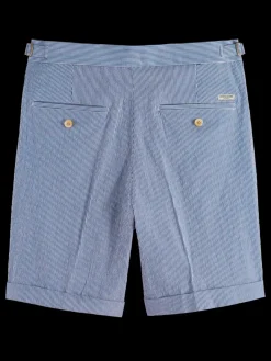 Sale Scotch & Soda Twilt-  striped cotton-blend pleated seersucker short EcruNavyStripe