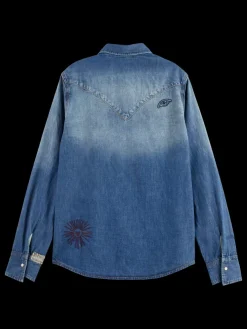 Discount Scotch & Soda WASHED REGULAR FIT DENIM WESTERN SHIRT WITH EMBROIDERIES WashedIndigo