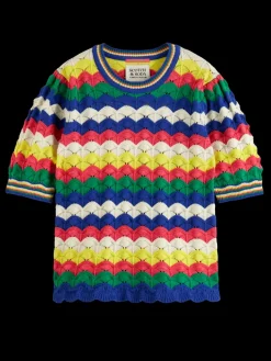 Hot Scotch & Soda WAVE STITCH KNITTED SHORT SLEEVE PULLOVER PinkWaveStripe