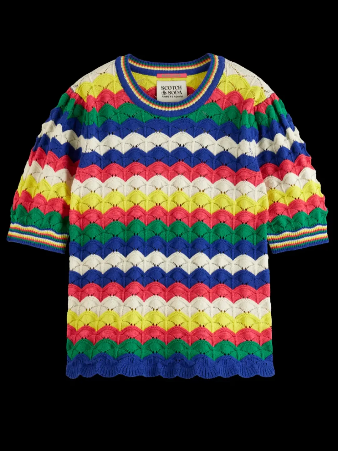 Hot Scotch & Soda WAVE STITCH KNITTED SHORT SLEEVE PULLOVER PinkWaveStripe